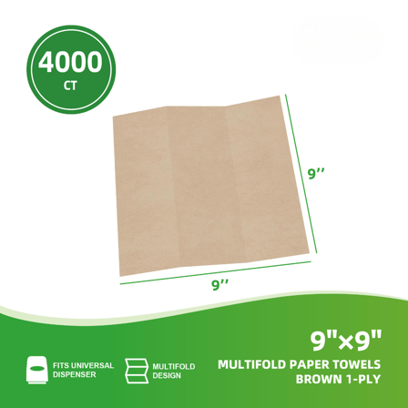 Natural Brown 1-Ply Kraft Multi-Fold Paper Towel 9" × 9" - (4000/Case)