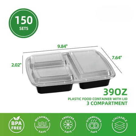 39 oz. Black 3-Compartment Rectangular Microwavable Heavy Weight Plastic Food Containers with Lids - (150/Case)