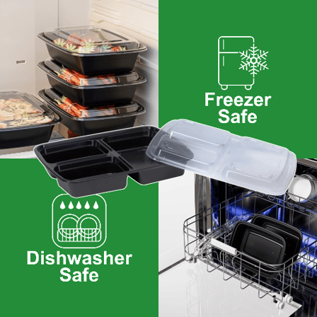 39 oz. Black 3-Compartment Rectangular Microwavable Heavy Weight Plastic Food Containers with Lids - (150/Case)