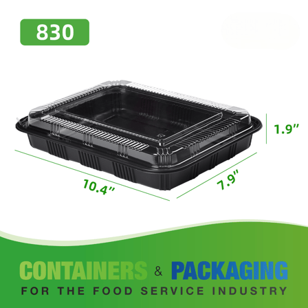 Rectangular Black Plastic Containers with lids 10.4" x 7.9" x 1.9" - (200/Case)