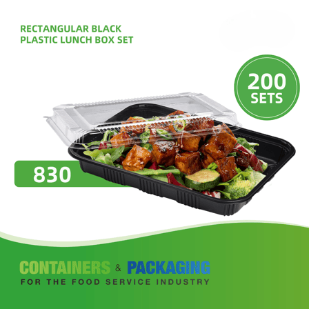 Rectangular Black Plastic Containers with lids 10.4" x 7.9" x 1.9" - (200/Case)