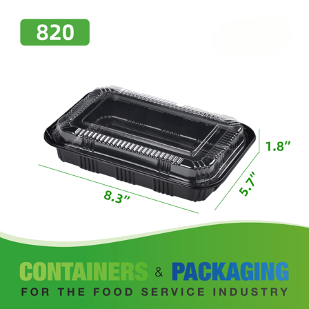 Rectangular Black Plastic Containers with lids 8.3" x 5.7" x1 .8" - (400/Case)