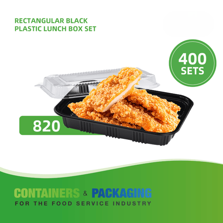 Rectangular Black Plastic Containers with lids 8.3" x 5.7" x1 .8" - (400/Case)