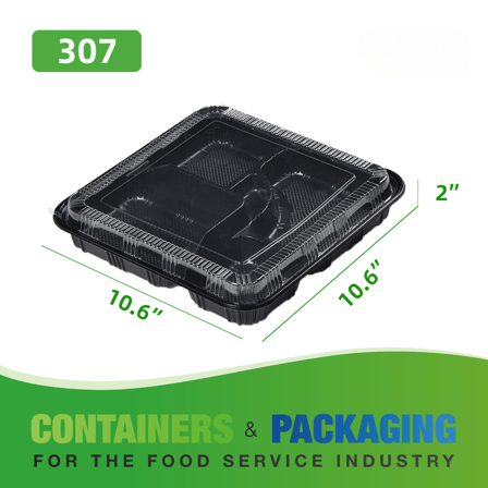 Square Black 3-Compartment Plastic Bento Box Set 10.6" x 10.6" x 2" - (100/Case)