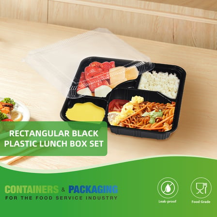Square Black 3-Compartment Plastic Bento Box Set 10.6" x 10.6" x 2" - (100/Case)