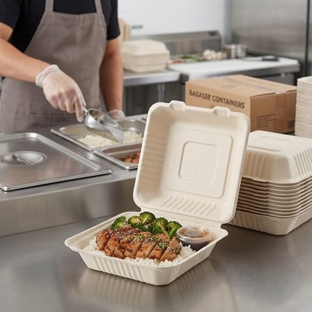 8" x 8" x 2.5" Sugarcane Bagasse Clamshell Light Brown Take-Out Container - (200/Case) product image