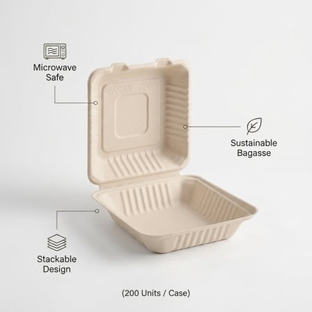 8" x 8" x 2.5" Sugarcane Bagasse Clamshell Light Brown Take-Out Container - (200/Case) product image