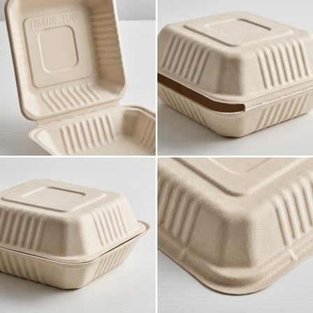8" x 8" x 2.5" Sugarcane Bagasse Clamshell Light Brown Take-Out Container - (200/Case) product image