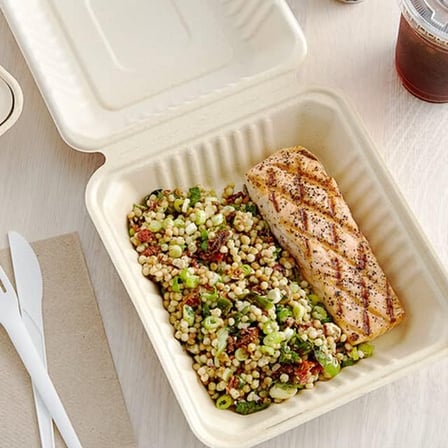 8"X8"X2.5" Sugarcane Bagasse Clamshell Light Brown Take-Out Container - 200/Case