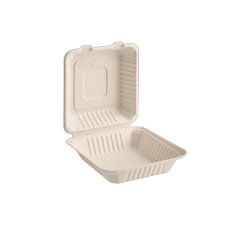 8X8X2.5 Sugarcane Bagasse Clamshell Light Brown Take-Out Container - 200Case.png