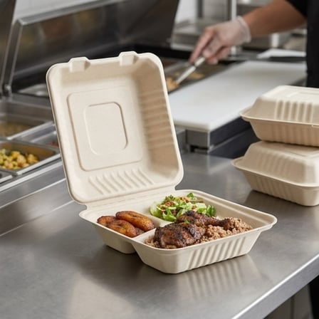 8" x 8" x 2.5" Sugarcane Bagasse Clamshell Light Brown 3-Compartment Take-Out Container - (200/Case) product image
