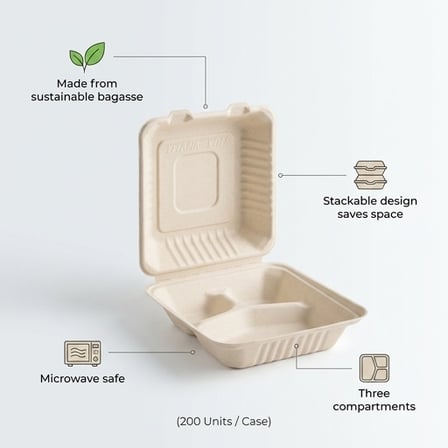 8" x 8" x 2.5" Sugarcane Bagasse Clamshell Light Brown 3-Compartment Take-Out Container - (200/Case) product image