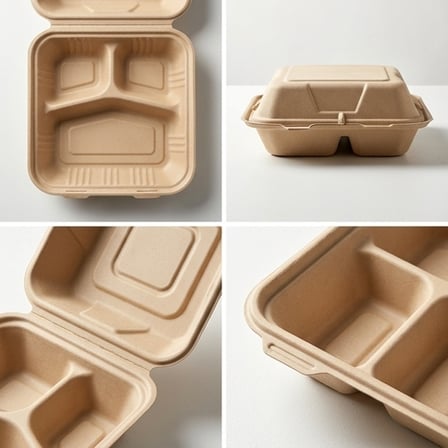 8" x 8" x 2.5" Sugarcane Bagasse Clamshell Light Brown 3-Compartment Take-Out Container - (200/Case) product image