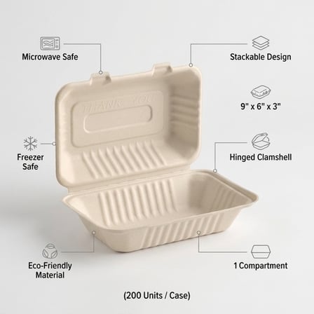 9" x 6" x 3" Sugarcane Bagasse Clamshell Light Brown Take-Out Container - (200/Case) product image