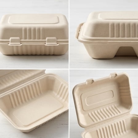 9" x 6" x 3" Sugarcane Bagasse Clamshell Light Brown Take-Out Container - (200/Case) product image