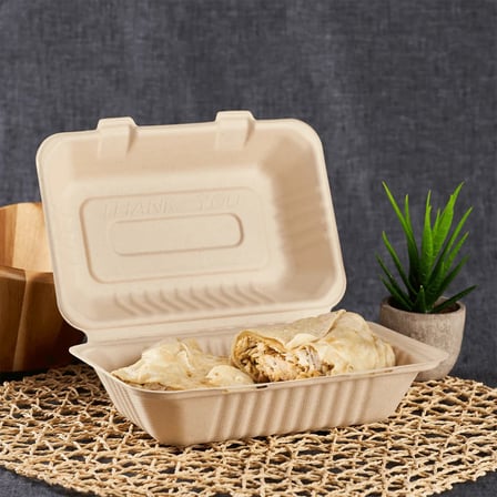 9"X6"X3" Sugarcane Bagasse Clamshell Light Brown Take-Out Container - 200/Case