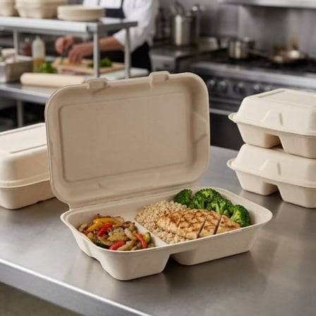 9" x 6" x 3" Sugarcane Bagasse Clamshell Light Brown 2-Compartment Take-Out Container - (200/Case) product image
