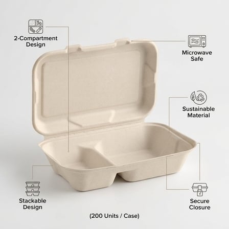 9" x 6" x 3" Sugarcane Bagasse Clamshell Light Brown 2-Compartment Take-Out Container - (200/Case) product image