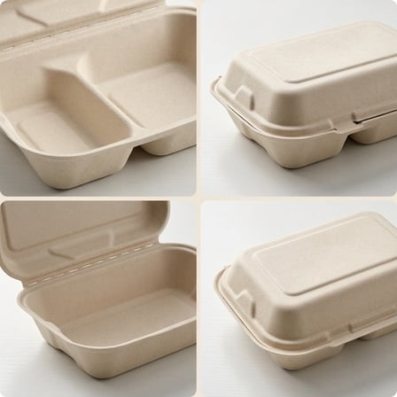 9" x 6" x 3" Sugarcane Bagasse Clamshell Light Brown 2-Compartment Take-Out Container - (200/Case) product image