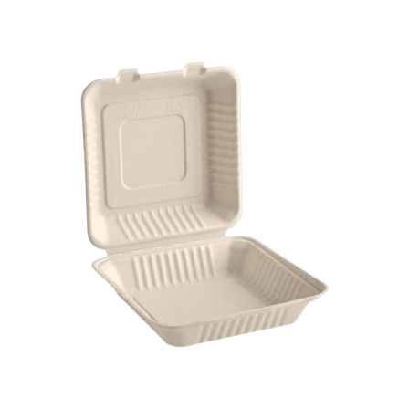 9 x 9 x 3 Sugarcane Bagasse Clamshell Light Brown Take-Out Container - (200Case).png