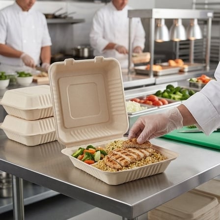 9" x 9" x 3" Sugarcane Bagasse Clamshell Light Brown Take-Out Container - (200/Case) product image