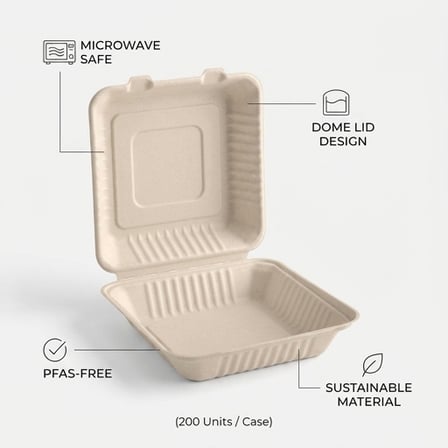 9" x 9" x 3" Sugarcane Bagasse Clamshell Light Brown Take-Out Container - (200/Case) product image