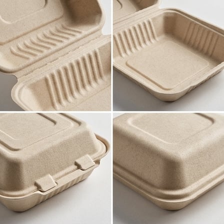 9" x 9" x 3" Sugarcane Bagasse Clamshell Light Brown Take-Out Container - (200/Case) product image