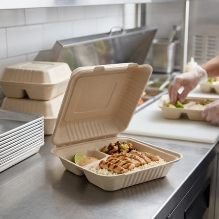 9" x 9" x 3" Sugarcane Bagasse Clamshell Light Brown 3-Compartment Take-Out Container - (200/Case) product image
