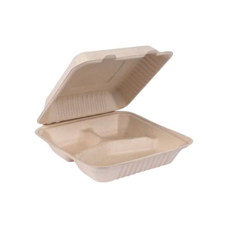 9 x 9 x 3 Sugarcane Bagasse Clamshell Light Brown 3-Compartment Take-Out Container.png