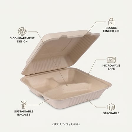 9" x 9" x 3" Sugarcane Bagasse Clamshell Light Brown 3-Compartment Take-Out Container - (200/Case) product image