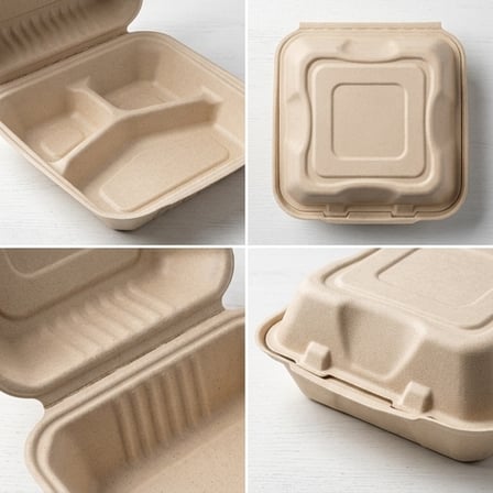 9" x 9" x 3" Sugarcane Bagasse Clamshell Light Brown 3-Compartment Take-Out Container - (200/Case) product image