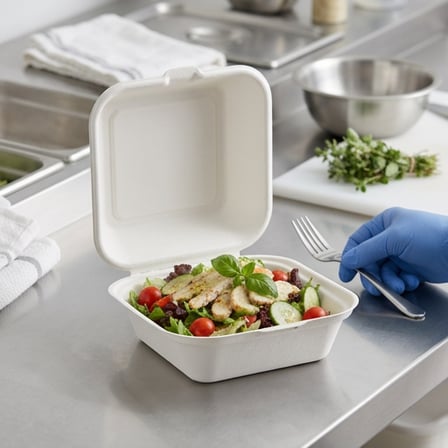 6 x 6 x 3 Sugarcane Bagasse Clamshell White Take-Out Container..png