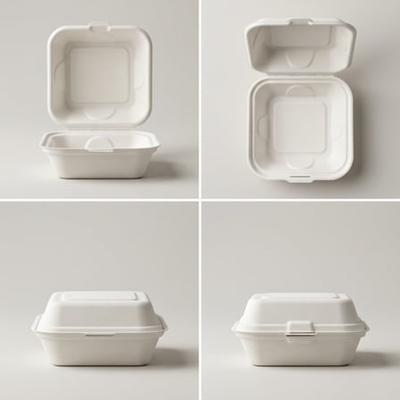 6 x 6 x 3 Sugarcane Bagasse Clamshell White Take-Out Container with multiple Looks.png