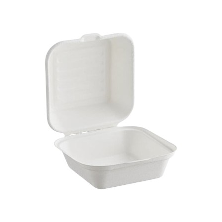 6 x 6 x 3 Sugarcane Bagasse Clamshell White Take-Out Container