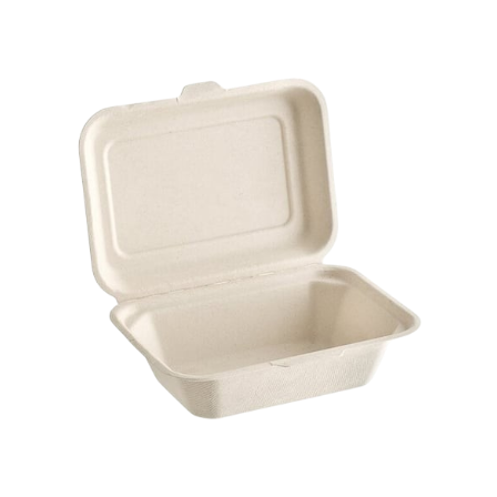 7 x 5.5 x 2.8 Sugarcane Bagasse Clamshell Light Brown Take-Out Container - (600Case).png