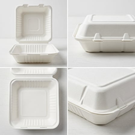 8" x 8" x 2.5" Sugarcane Bagasse Clamshell White Take-Out Container - (200/Case) product image