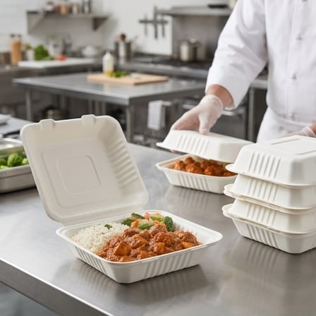 8" x 8" x 2.5" Sugarcane Bagasse Clamshell White Take-Out Container - (200/Case) product image