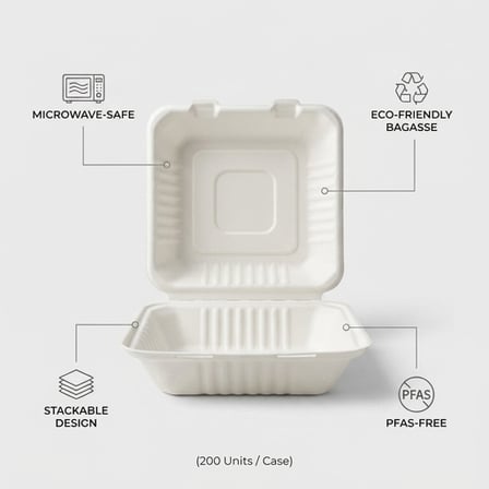 8" x 8" x 2.5" Sugarcane Bagasse Clamshell White Take-Out Container - (200/Case) product image