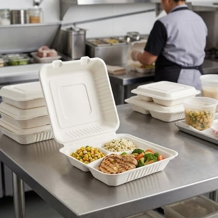 8" x 8" x 2.5" Sugarcane Bagasse Clamshell White 3-Compartment Take-Out Container - (200/Case) product image