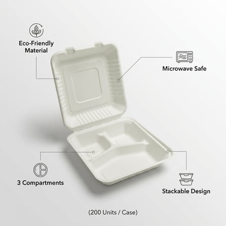 8" x 8" x 2.5" Sugarcane Bagasse Clamshell White 3-Compartment Take-Out Container - (200/Case) product image