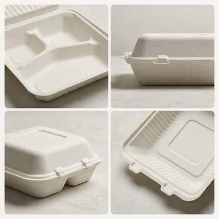 8" x 8" x 2.5" Sugarcane Bagasse Clamshell White 3-Compartment Take-Out Container - (200/Case) product image