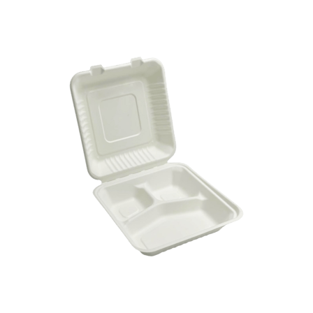 8 x 8 x 2.5 Sugarcane Bagasse Clamshell white 3 Compartment Takeout Box - (200Case).png