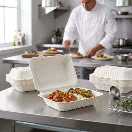 9" x 6" x 3" Sugarcane Bagasse Clamshell White 1-Compartment Take-Out Container - (200/Case) product image