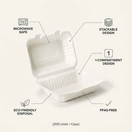 9" x 6" x 3" Sugarcane Bagasse Clamshell White 1-Compartment Take-Out Container - (200/Case) product image