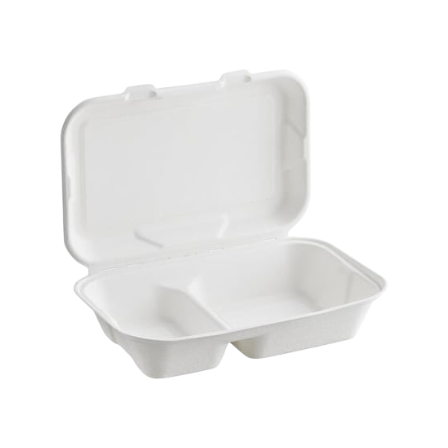 9 x 6 x 3 Sugarcane Bagasse Clamshell White 2 Compartment Takeout Container - (200Case).png