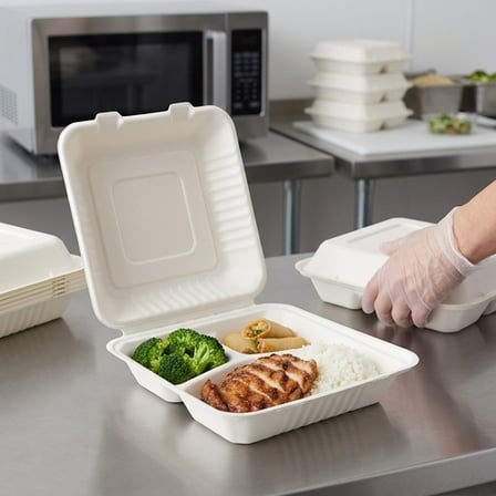 9" x 9" x 3" Sugarcane Bagasse Clamshell White 3-Compartment Takeout Container - (200/Case) product image