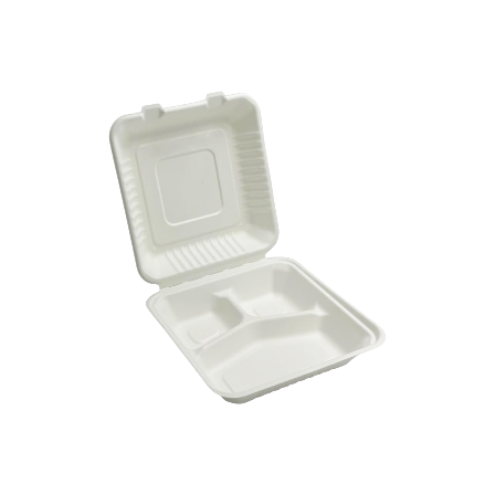 9 x 9 x 3 Sugarcane Bagasse Clamshell White 3 Compartment Takeout Container.png