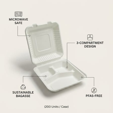 9" x 9" x 3" Sugarcane Bagasse Clamshell White 3-Compartment Takeout Container - (200/Case) product image