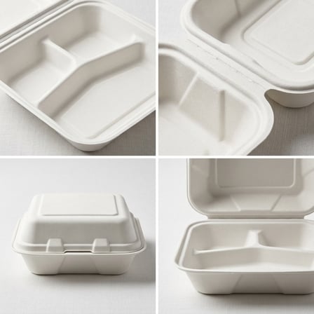 9" x 9" x 3" Sugarcane Bagasse Clamshell White 3-Compartment Takeout Container - (200/Case) product image