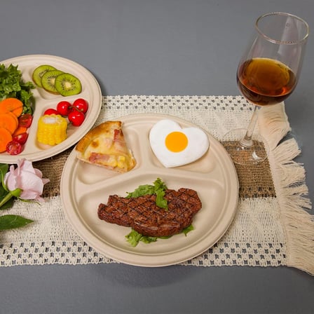 10" Light Brown Sugarcane Bagasse Blend 3 Compartment Plate - 500/Case